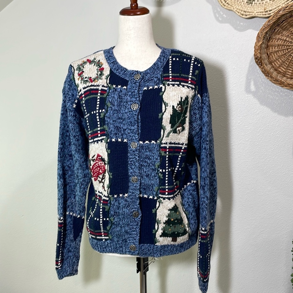 Nut Cracker Christmas Cardigan Sweater Tree Bird Blue Red White Grannycore Med